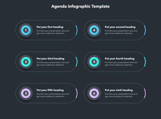 Agenda infographic template with six steps and a place for your text - dark version. Can be used for your website or presentation.