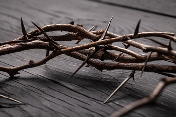 Christian crown of thorns on dark desk background