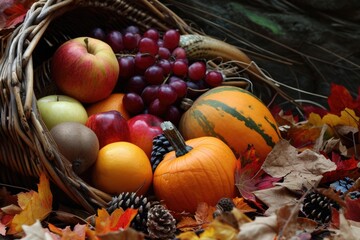 Naklejka na ściany i meble Thanksgiving Cornucopia: Abundance of Fall Harvest Fruits and Vegetables