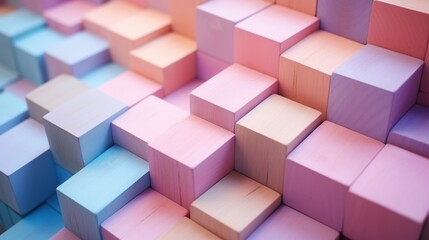 Obraz premium Beautiful rainbow color pastel of wooden blocks. Pastel color square tiles arranged from future or 3d rectangular block background.