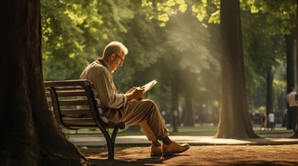 Older man sitting on a bench in a quiet park reading the newspaper - obrazy, fototapety, plakaty