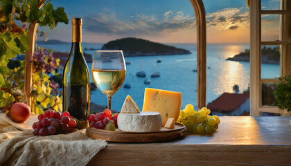 Wine, cheese and grapes on a wooden table in front of the sea at sunset with island view