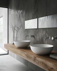 Fototapeta na wymiar Modern Minimalist Bathroom Vanity with Wall-Mounted Vessel Sinks