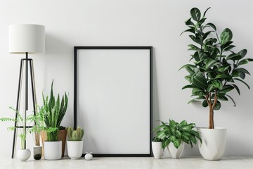 Vertical Frame Poster Mockup with Plants and Lamp in Home Interior