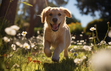 A beautiful, cute puppy runs across the lawn between the flowers. Joy and happiness concept.