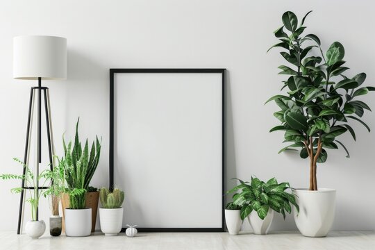 Vertical Frame Poster Mockup with Plants and Lamp in Home Interior