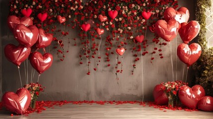 Festive valentine's day photo studio background: many red and pink heart-shaped balloons, flowers...