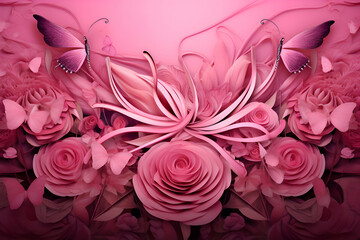 Beautiful pink roses background with butterflies. Floral design for Valentine's Day.