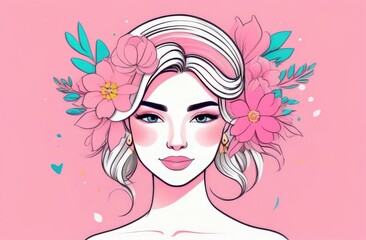 Beautiful fashion portrait of young woman with spring flowers in hairstyle, solid pink background, soft studio light. Illustration. Pink colors.