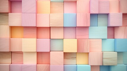 Beautiful rainbow color pastel of wooden blocks. Pastel color square tiles arranged from future or 3d rectangular block background.