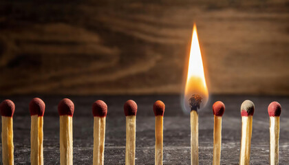 Lit match next to a row of unlit matches on dark wooden background . The Passion of One Ignites New Ideas, Change in Others.