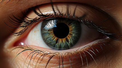 Eye of a young woman looking directly at the camera. Concept of good vision, eye treatment and prevention of eye disease.