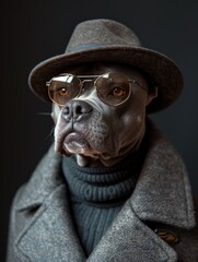 Cane Corso dog portrait with high necked sweater, showcasing innovative and fashionable beauty trends from the 1960s