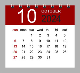 October 2024. Vector monthly calendar template 2024 year in simple style for template design. Week starts from Sunday.