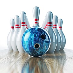 Blue Bowling Ball Hits Bowling Pins