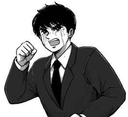 熱血劇画まんが風モノクロイラスト・泣く男前な会社員