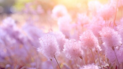 Beautiful soft fluffy flowers on nature outdoor with smooth blurred field and bokeh sun light background. 