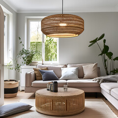 Boho Bohemian Living Room, Beige couch sofa, bamboo coffee table, earthy rug carpet, plants, rattan...