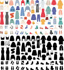 set of women's clothing and shoes, bags on a white background vector