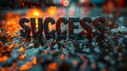the word success is written in a puddle of water - obrazy, fototapety, plakaty