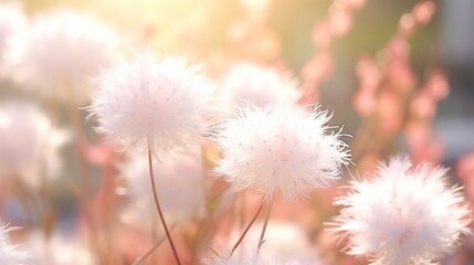 Beautiful soft fluffy flowers on nature outdoor with smooth blurred field and bokeh sun light background. 