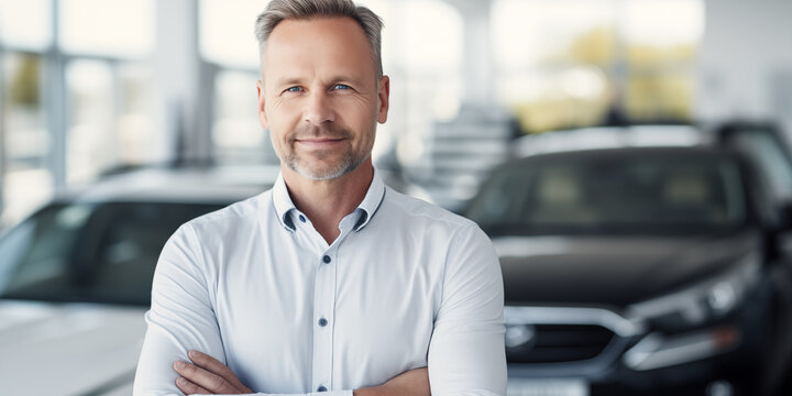 Automobilkaufmann steht im Verkaufsraum eines Autohauses und l&auml;chelt in die Kamera