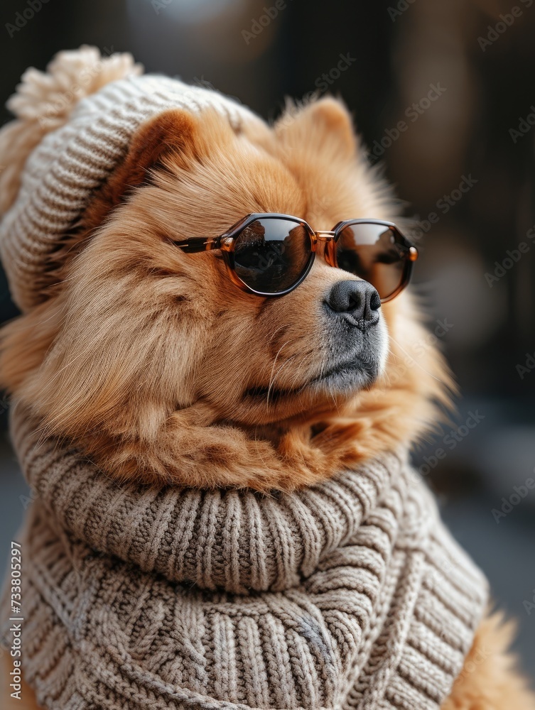 Sticker chow chow dog portrait with high necked sweater, showcasing innovative and fashionable beauty trends