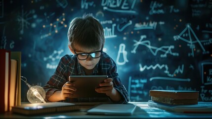 A child using a tablet with a backdrop of mathematical and scientific chalkboard equations.