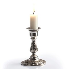 Fototapeta na wymiar White Candle in an Antique Silver Candleholder