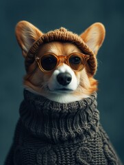 corgi dog portrait with high necked sweater, showcasing innovative and fashionable beauty trends