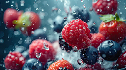 Vivid close-up of mixed berries with sparkling water droplets, highlighting the freshness and juicy texture.
