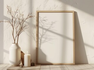 Mockup of a 3D wooden photo frame in an aesthetic minimalist-themed room with white-colored walls, decorative vases, aromatic candles, and illuminated by sunlight from the window. AI Generated.