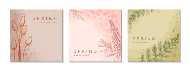 Fototapeta na wymiar Spring floral watercolor abstract background set. Social media square post template. Spring flower design, greeting card, label, flyer, leaflet, poster. Beauty, spa, jewelry, wedding concept.
