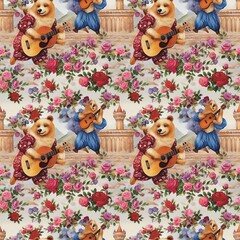 A cute bear dances and plays the guitar in a flower garden beside a happy and beautiful rose. Watercolor art, culture, crafts, backgrounds, textiles, wallpaper, gift wrapping paper