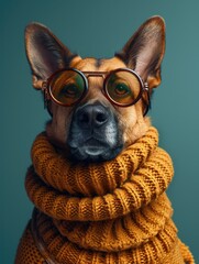 Obraz premium German Shepherd dog portrait with high necked sweater, showcasing innovative and fashionable beauty trends