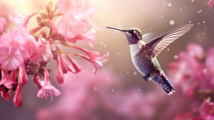 Beautiful hummingbird flight on a pink flowers. Humming bird flying and soaring to collect nectar. Animal concept with soft bokeh sun light background.