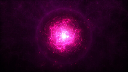 Bright purple glowing rotating sphere with blazing energy core and particles. Abstract technology, Universe, science, engineering and artificial intelligence screensaver