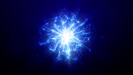 Abstract glowing blue futuristic energy plasma wave with bright core, magical dynamic electric particles on a dark blue background