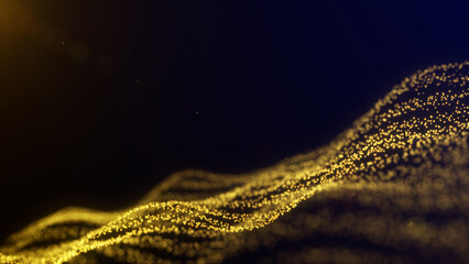 Abstract luxurious background with an elegant premium glittering flowing golden digital fractal light wave, data particles floating in cyberspace . Bright beams