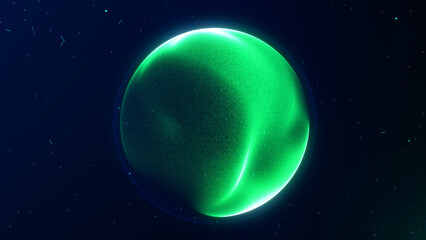 Abstract moving turquoise green plasma energy sphere of particles and waves of magical glowing on a dark background. Magic shiny orb with flowing surface.
