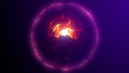 Abstract round purple sphere with red lava plasma core. glowing energy magic particle orb with moving shiny crystal. Abstract background.