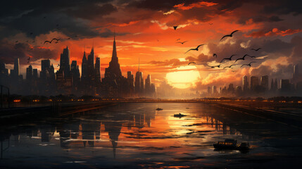 Naklejka premium Captivating Colors: Mesmerizing Views of the Sky, Water, and Cityscape in the Evening Sunsets, generative AI