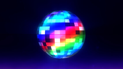 A levitating glowing colorful Disco ball spins in space. Perfect looped shine lighting sphere for nightclubs party, dance and music. 