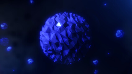 A purple blue meteorite fragment floating in space against the backdrop of others particles. Shiny rotating metallic granite sphere in dark background. Vj technology digital.  © Vooper