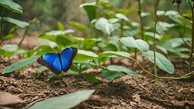 Blue Morpho Butterfly Perched on Green Leaves