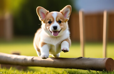 A corgi puppy jumps over a log. Training. Made with the help of artificial intelligence. Wallpaper, postcard, screensaver.