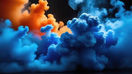 Fototapeta na wymiar Colorful explosion of blue-orange rainbow smoke paint on dark blue background, the movement of liquid ink. A colored background of smoke.