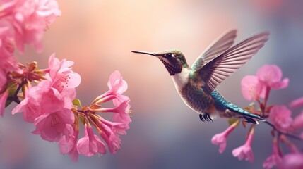 Fototapeta premium Beautiful hummingbird flight on a pink flowers. Humming bird flying and soaring to collect nectar. Animal concept with soft bokeh sun light background.