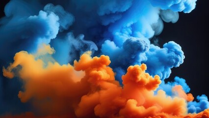Colorful explosion of blue-orange rainbow smoke paint on dark blue background, the movement of liquid ink. A colored background of smoke.