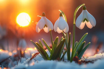 A closeup of the snowdrop flowers receiving the first rays of sun. Background image. Created with Generative AI technology - obrazy, fototapety, plakaty